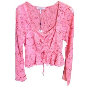 BCBGeneration Pink Split Neck Blouse with Long Bell Sleeves Size Small NWT‎